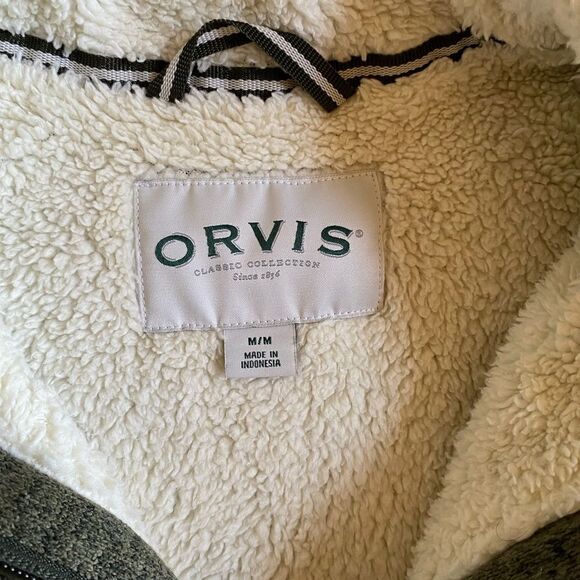 Orvis Mens Sweater Medium Sherpa Fleece Lined 1/4 Zip Pullover Pockets Gray - Picture 3 of 3